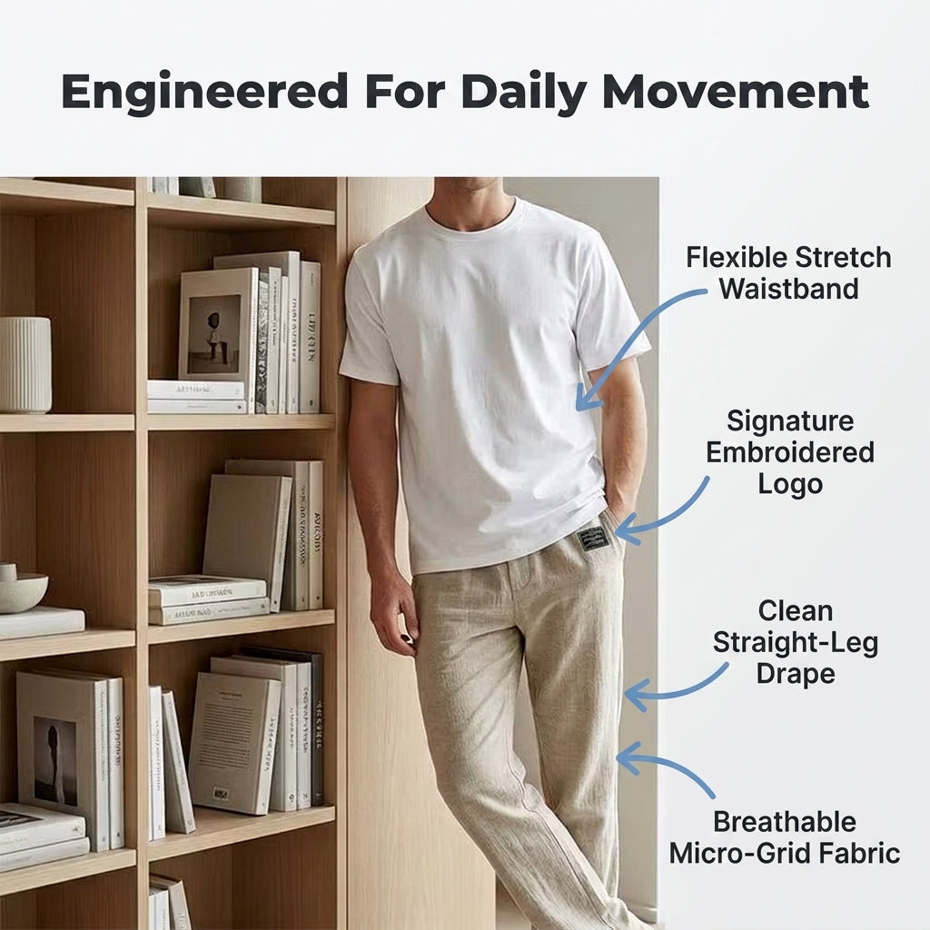 Breathable straight-leg trousers for men, stretch waistband and clean straight drape