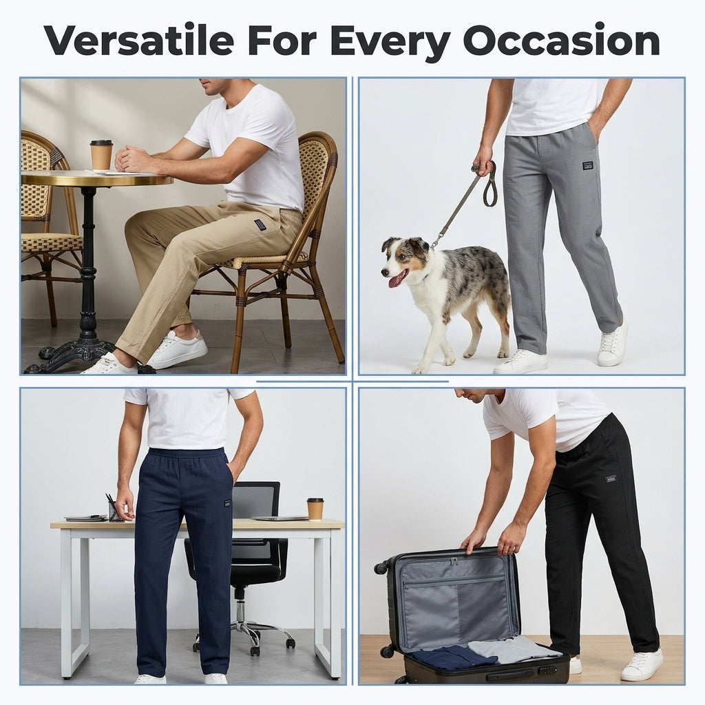 Straight-leg trousers worn for coffee, a dog walk, the office and travel