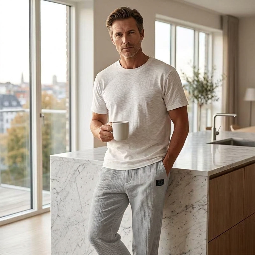Man in light grey straight-leg trousers in a kitchen