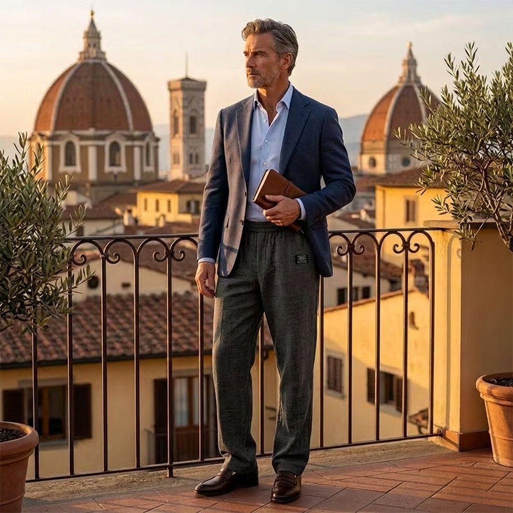Dark straight-leg trousers styled with a blazer