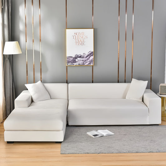 Premium Universal Sofa Cover in white fitted on an L-shaped sofa